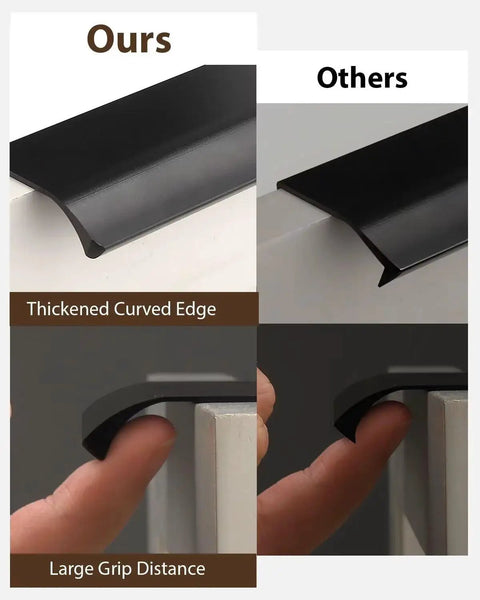 Comparison of 10 Pack Matte Black Aluminum Alloy Finger Pulls For Kitchen Cabinets, highlighting thickened curved edge and large grip distance.