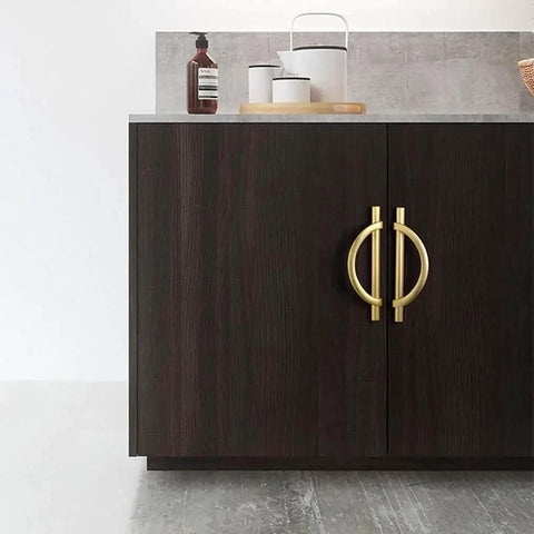 Brushed Gold Half Moon Cabinet Pulls Set of 2, 3.75 Inch Length on dark cabinet doors, easy to install, durable, stylish hardware
