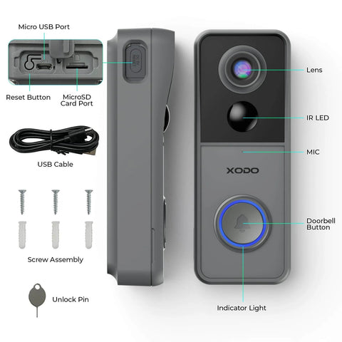 Front and side view of 3MP 2K Wireless Video Doorbell With Chime Porch Cam Works With Alexa And Google Assistant PIR Motion Alerts Night Vision Two Way Audio IP65 Weatherproof SD Card Or Cloud Storage Ready Easy Setup For Your Front Door, showing lens, IR LED, and button details.