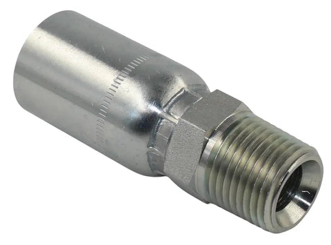 Close-up of Ten Pack L-MP-04-04 One Quarter Inch ID Hydraulic Hose End Fittings with 1/4 Inch NPT Male Crimp Connection in durable carbon steel.