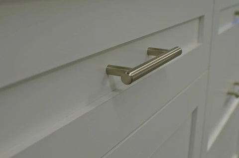 Brushed Gold T-Bar Cabinet Pulls 4 Pack Modern Hollow Drawer Handles Kitchen Hardware installed on a white cabinet door
