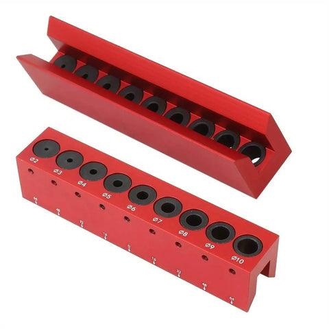 Pro Grade Drill Guide And Doweling Jig For Straight Holes With Perpendicular Entry Self Centering Drill Block, red aluminum, bushings