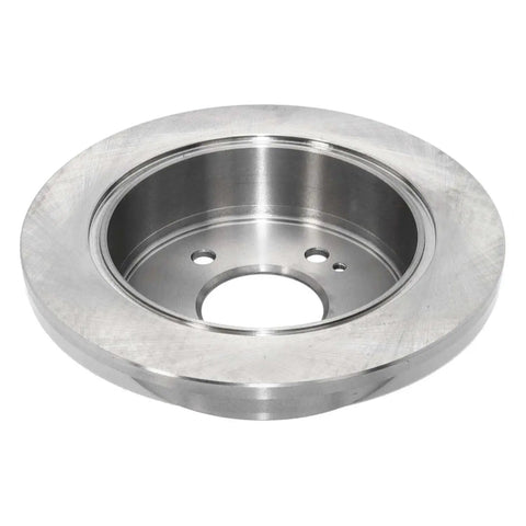 Rear Solid Disc Brake Rotor With Beefy Forged Flange For Precise Fit And ABS Signaling, close-up view of metal rotor.
