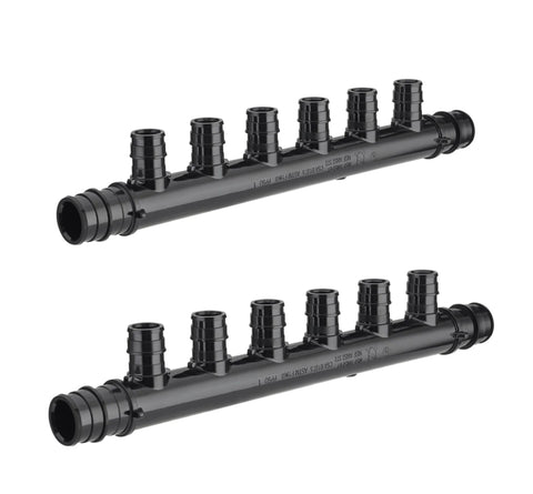 Two-pack PEX manifold with six outlets on a 3/4 in trunk, 1/2 in ports, PPSU, black