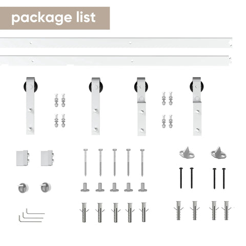 Package contents of 6.6Ft Brushed Nickel Barn Door Hardware Kit Built Tough for Single Track Sliding Doors, Heavy Duty Rail System