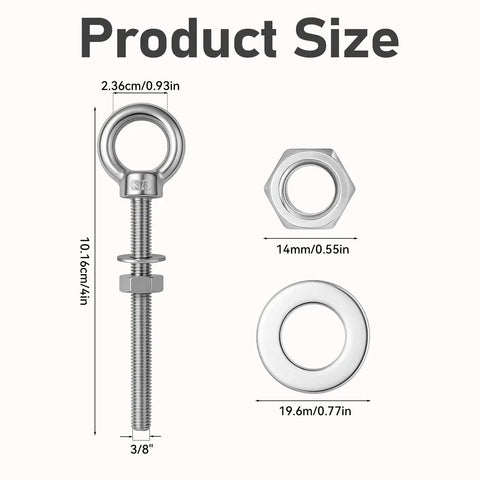 Product size diagram showing Six Pack Stainless Steel Eye Bolts With Shoulder Three Eighths Inch Four Inches Heavy Duty Lifting Rings with dimensions.