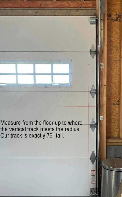 Side view of installed 76-inch Pair Of Heavy Duty Vertical Track Rails For 8 Foot Garage Doors, Made In USA From Durable US Steel.