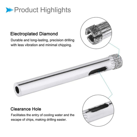 Close-up of a 7mm Diamond Drill Bits Set For Glass Ceramic Tile And Jewelry Crafting Nickel Plated Diamond Core Drill Hole Saws 10 Piece.