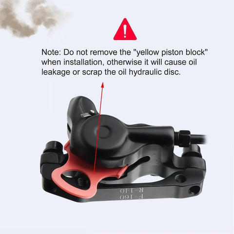 Side view of Hycline 4-piston e-bike hydraulic brake caliper with red pad housing and mounting adapter.