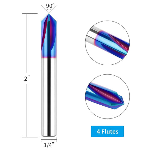 90 Degree V Bit With 1 Quarter Inch Shank Carbide CNC Chamfer End Mill 4 Flute V Groove Router Bit Blue Nano Coating For Wood Engraving And Carving