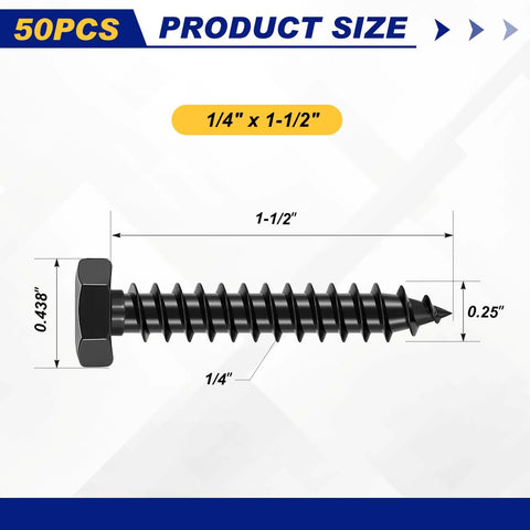 Heavy Duty Quarter Inch By One And A Half Inch Hex Lag Bolts Set Of 50 Screws And 50 Washers In 304 Stainless Steel With Black Finish