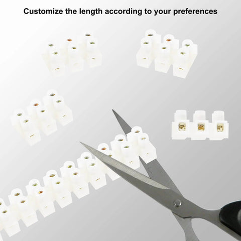 10 Piece Terminal Block Set With 12 Position Dual Row Barrier Strip Connector 10A 380V Flame Retardant PP Housing Self Locking Screws shown being cut with scissors for customization.