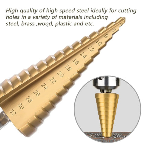 Close-up of 3 Piece Straight Grooved Step Drill Bit Set With Hex Shank HSS Titanium Coated for metal, wood, plastic cutting.