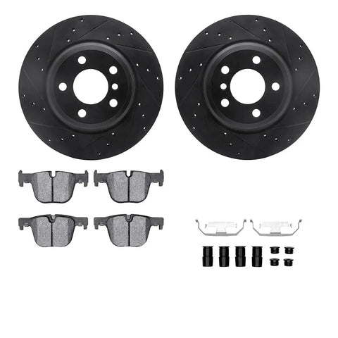 Rear brake disc and pad kit: two black drilled rotors, four grey pads, plus mounting hardware