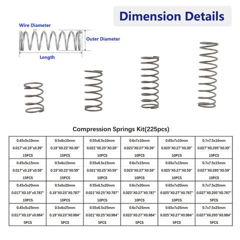 Compression springs kit, 225pcs, stainless steel; assorted small springs in 24 sizes with dimension chart