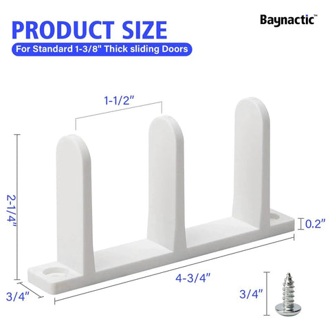 4 Pack Universal Sliding Door Bottom Guide In White ABS Floor Track For One And Three Eighths Inch Thick Closet And Cabinet Doors Includes Mounting Screws And Side Support To Keep Doors Centered And Sliding Smoothly with dimensions and screw visible.