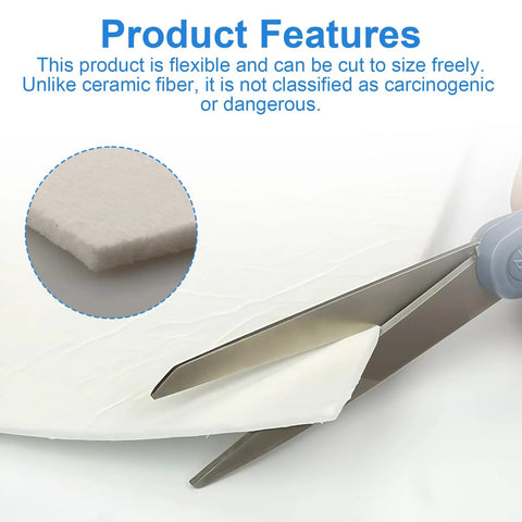 Ceramic fiber gasket paper, 1/8 in thick, 7 in x 10 in, shown being cut with scissors.