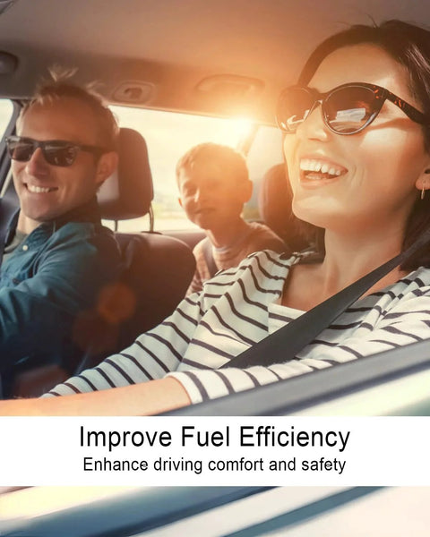 Family smiling in car, enjoying drive under sunlight, with "Improve Fuel Efficiency" text overlay.