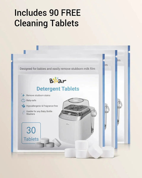 Front view of three Bear Detergent Tablets packaging bags, each labeled 30 tablets, for baby bottle washers