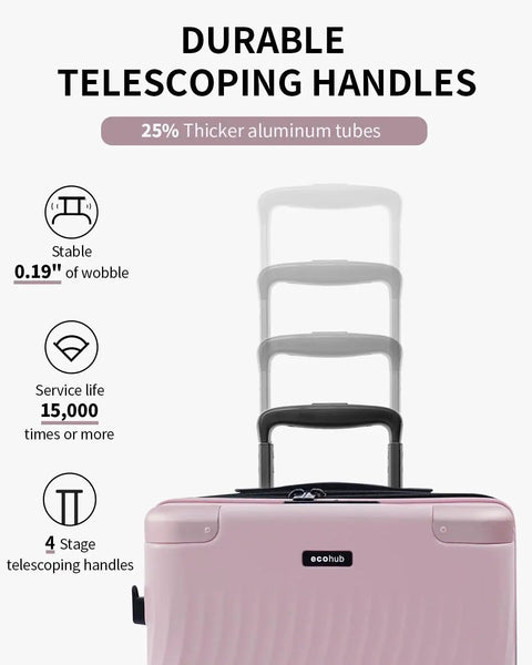 Expandable Hardside Carry-On Luggage From ECOHUB, 24 Inch Pink Suitcase with Durable Telescoping Handles, Recycled Polycarbonate
