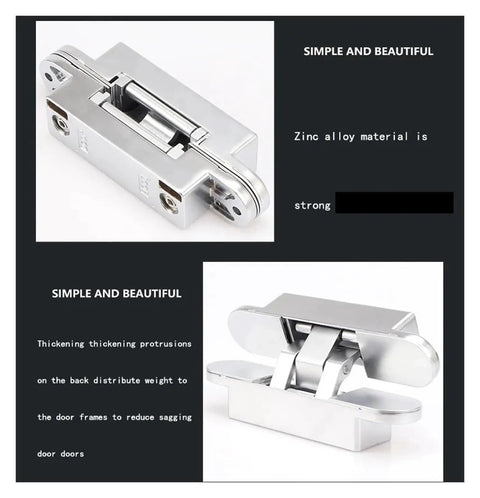 Ultra Smooth Ball Bearing Door Hinge Set For Invisible Hidden Doors 180 Degree Hinge With Folding Capability And Three Dimensional Adjustable Cross Mount Silver Noiseless Quiet Operation For Interior And Exterior Use, shown in zinc alloy material with adjustment features visible.