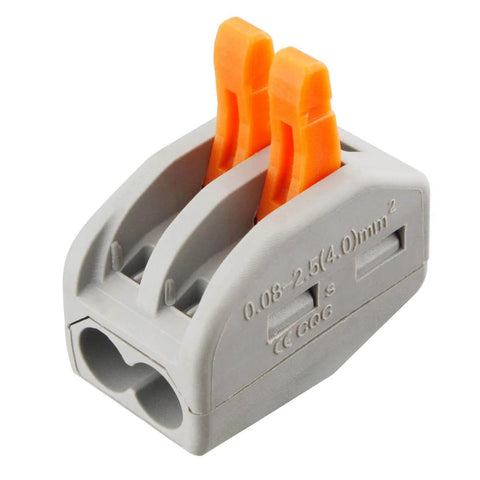 50 Piece Set Lever Wire Connectors Two Conductor Quick Clamp Terminal Blocks Compact Design No Tool Needed Fast Connection For 28 12 AWG Wire DIY Friendly And Everyday Electrical Jobs Across Multiple Types as visible in image, showing a single connector with orange levers on the front view.