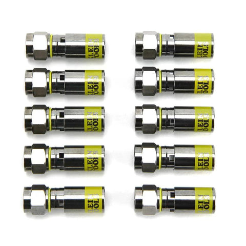 Fast Install F Connector For RG6 Coax With Universal Sleeve Compression Technology That Clips On Five Times Faster No Fuss, 10 pack shown in rows