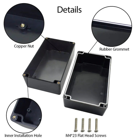 Detailed view of IP65 Waterproof ABS Plastic Junction Box For Electronics Projects showing copper nut, rubber grommet, and screws.