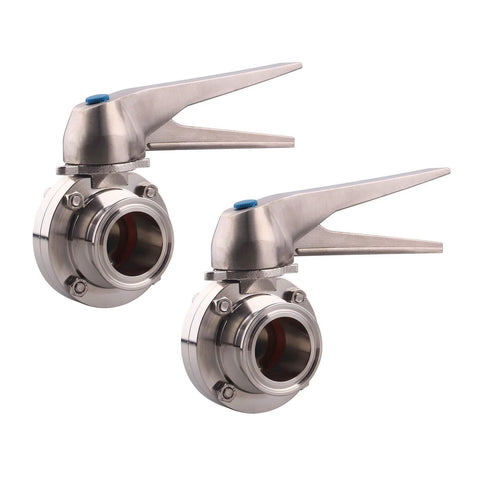 Two 1.5 inch tri-clamp butterfly valves with trigger handles in stainless steel 304, sanitary fittings.