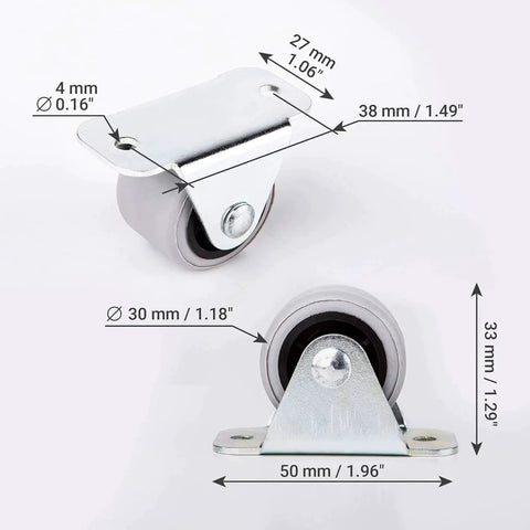 Pack Of 8 Small 1.18 Inch Rubber Wheel Casters For Furniture Non Swivel Non Plastic With Mounting Screws dimensions