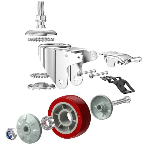 Exploded view of DICASAL 5-inch heavy-duty stem caster set; red wheel, M12-1.75 bolt, four-pack