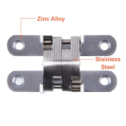 Close-up view of a Hidden Door Hinge 6 Pack Stainless Steel Cross Hinges 180 Degree Invisible Gate Hinge for Folding Tables, Cabinets, and Screens Built Tough with Zinc Alloy Bearing Hardware.