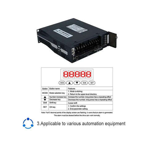 Angled front view of a black servo drive module with terminal block and red LED display