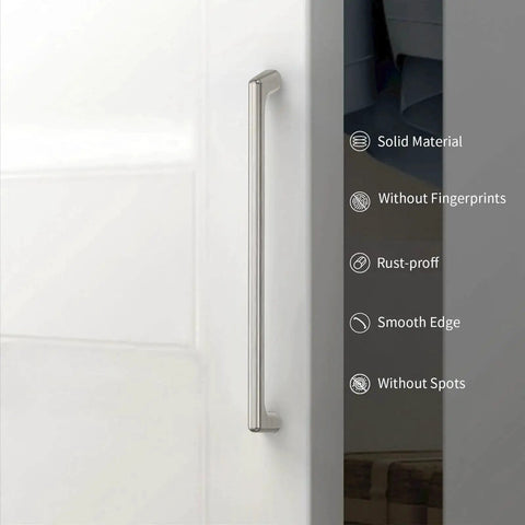 10 Pack 5 Inch Cabinet Handles Brushed Satin Nickel Zinc Alloy Pulls installed on white door, highlighting features like rust-proof and smooth edge.