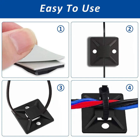 Heavy Duty Self Adhesive Cable Zip Tie Mount Kit With Fifty Sets Of Three Quarter Inch Mounts And Fifty Zip Ties Of Six Inch Length Nylon For Outdoor Wire Organization No Fuss Easy Install Black showing features and usage.