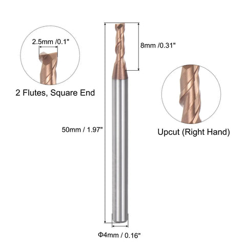 2 Pack 2.5mm Square Nose End Mills 4mm Shank, 2 Flute CNC Router Bits Built Tough With HRC55 Carbide And AlTiN Coating