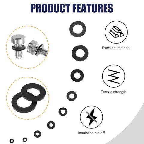 900 Piece Nylon Flat Washer Assortment Kit With Black Plastic Washers For Bolts And Screws M2 Through M12 Ideal For Home And Workshop Use On The Job Site showing product features and washers in various sizes.