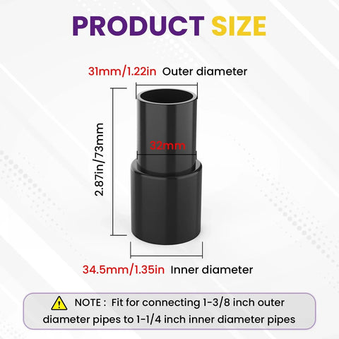 Two Pack Vacuum Hose Adapter For Connecting One And Three Eighths Inch Outer Diameter To One And Quarter Inch Inner Diameter, Durable Black