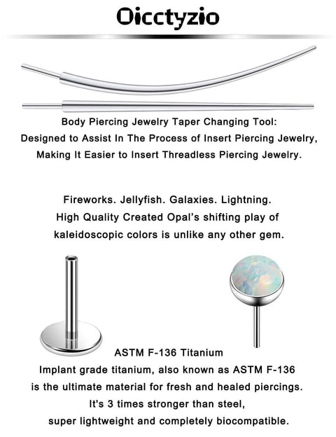 F136 Titanium Threadless Opal Flat Back Stud Earrings, with medical grade taper insertion tool, showing opal and titanium details.