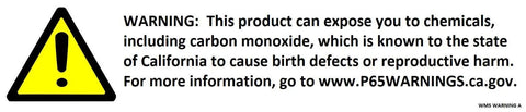 Warning label about chemical exposure including carbon monoxide, related to California Proposition 65, with website link for more information.