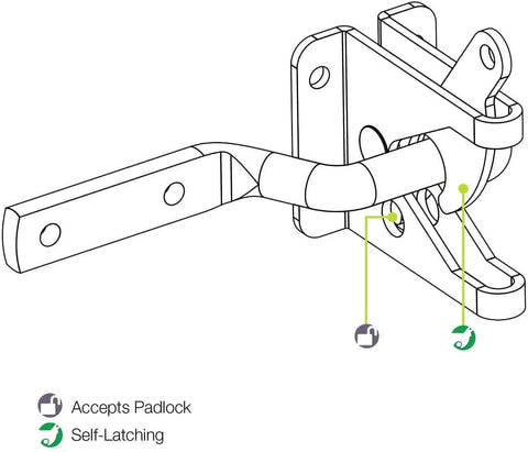 Illustration of heavy duty gate latch set for wooden fences showing self-closing latch with pull string and decorative metal handle