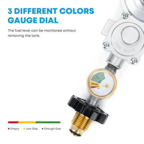 Horizontal Two Stage Propane Regulator With Gauge Three Eighth Inch Female NPT And POL Tank Connection featuring three color dial for gas monitoring