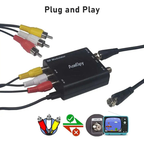 RF Modulator For AV To Coax Output With Channel 3 4 Switch, shown with RCA cables and coax connection for retro gaming setup