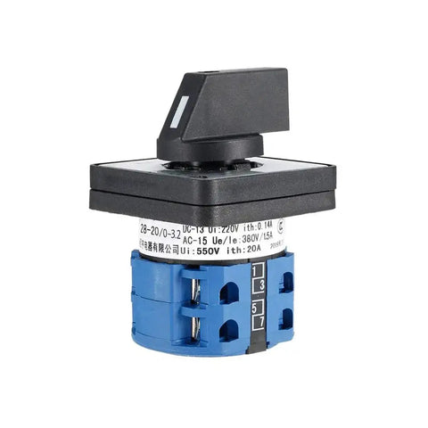 4 Position 8 Terminal Universal Rotary Cam Changeover Switch SYW28-20 Latching 550V 20A with black knob and blue base