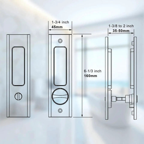 Matte Black Sliding Door Handle For Bath And Barn Doors, Zinc Alloy Flush Handle With Privacy Pocket Door Lock diagram view
