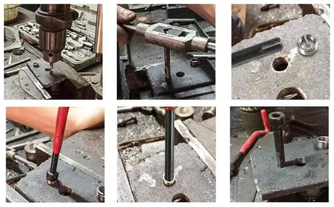 M5 X 0.8 Thread Repair Kit With 25 Stainless Steel Inserts being used with tap, drill bit, and wrench on metal surface