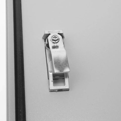 Pro Grade Outdoor Plastic Power Distribution Box latch detail, featuring durable metal lock on a weatherproof surface