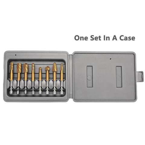 8Pcs Carbide Burr Set With One Quarter Inch Hex Shank For DIY Grinder Double Cut Tungsten Rotary Burrs in case