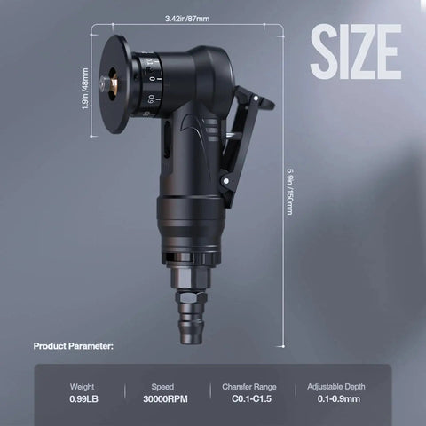 Portable Pneumatic Chamfering Tool For Wood Beveling And Deburring Mini Carpenter Grinder with size and specifications displayed