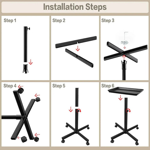 Installation steps for Height Adjustable Rolling Salon Tray on Wheels with Multi Level Height Range from 28 to 44 Inches Black.
